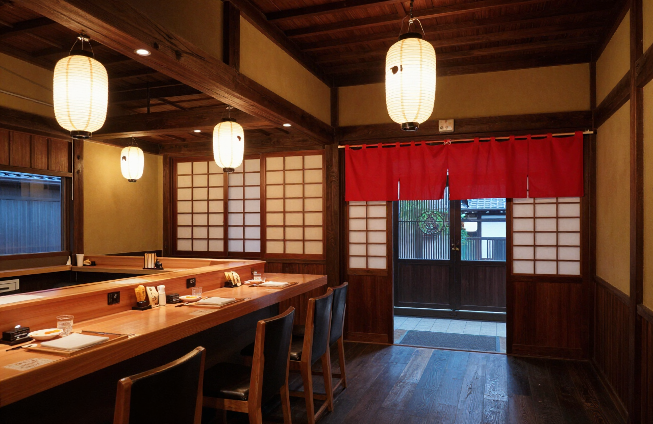 Interior restoran kayu tradisional Jepang dengan shoji dan lampion